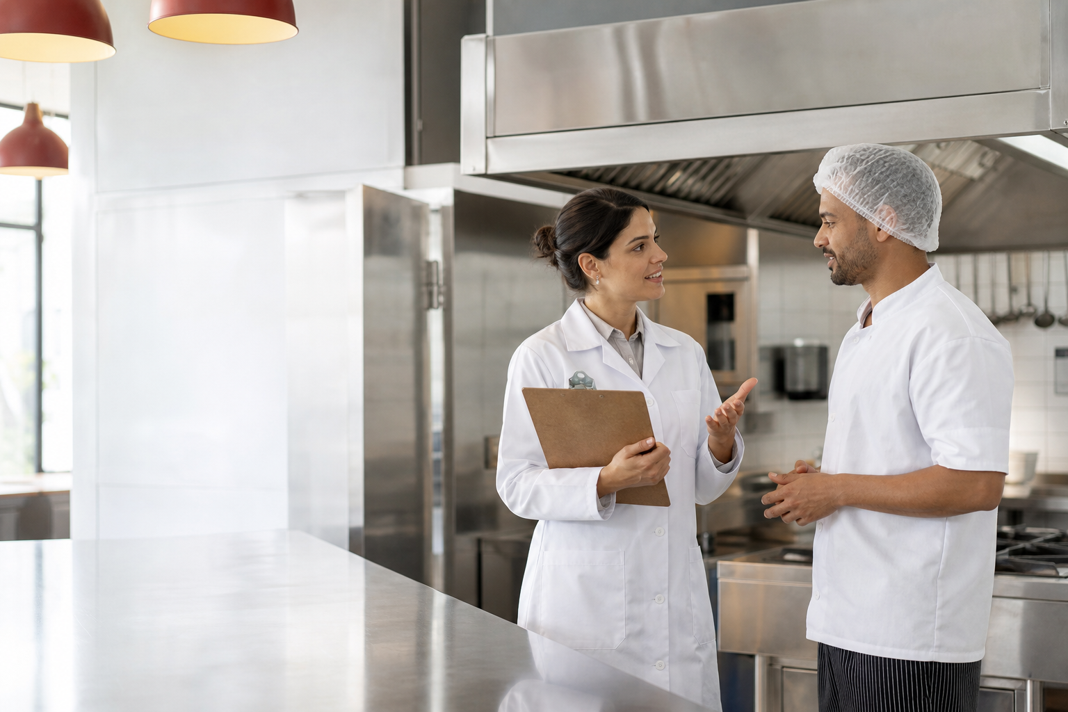 Nutricionista orientando um profissional em uma cozinha comercial organizada