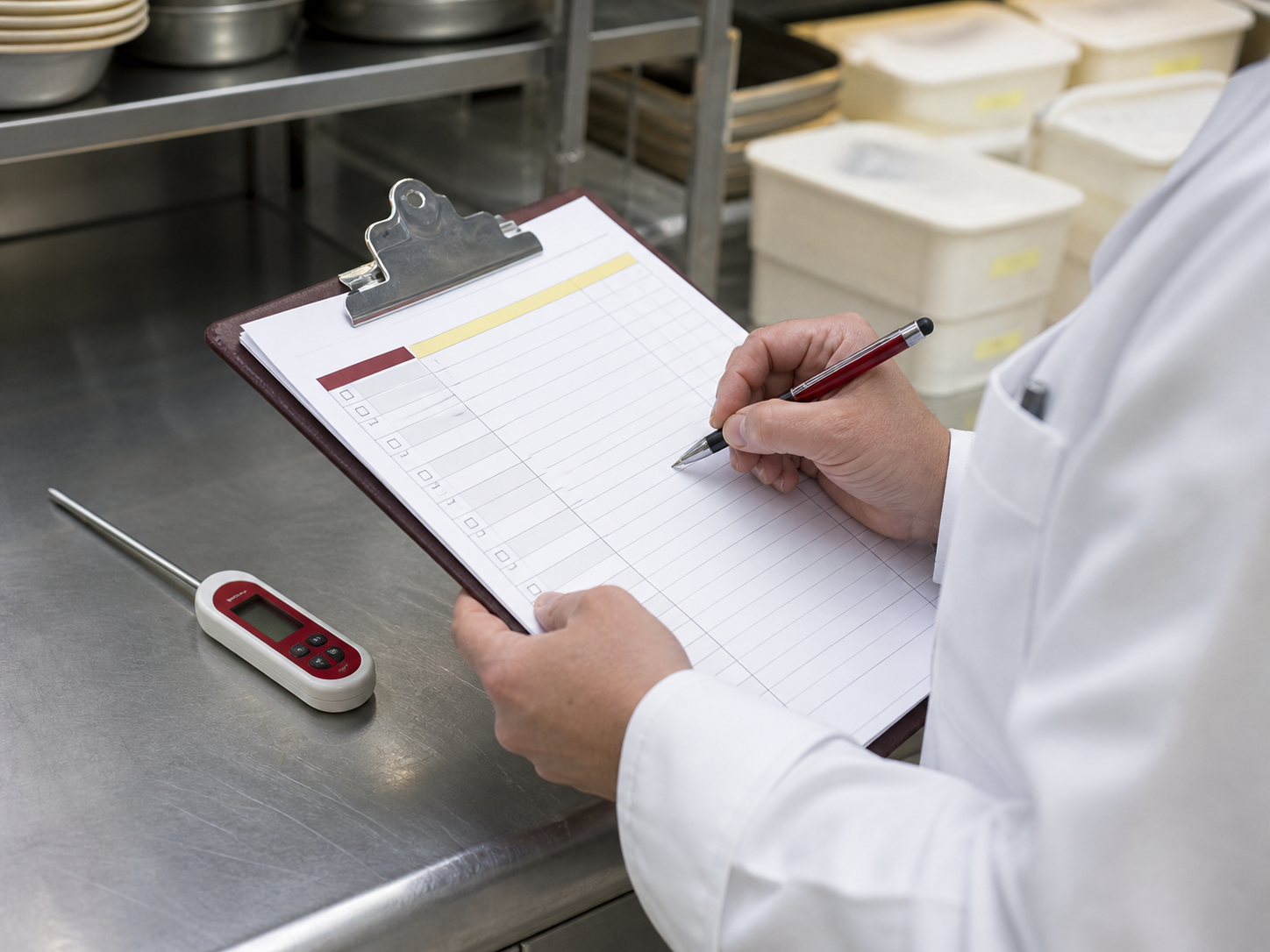 Consultora preenchendo um checklist sanitário ao lado de um termômetro de alimentos